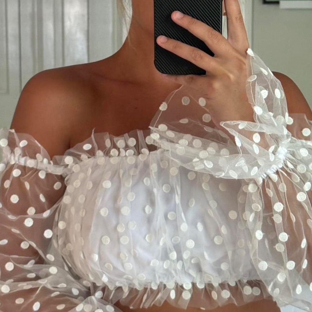 MAJORELLE Sheer White Polka Dot Off-Shoulder Top